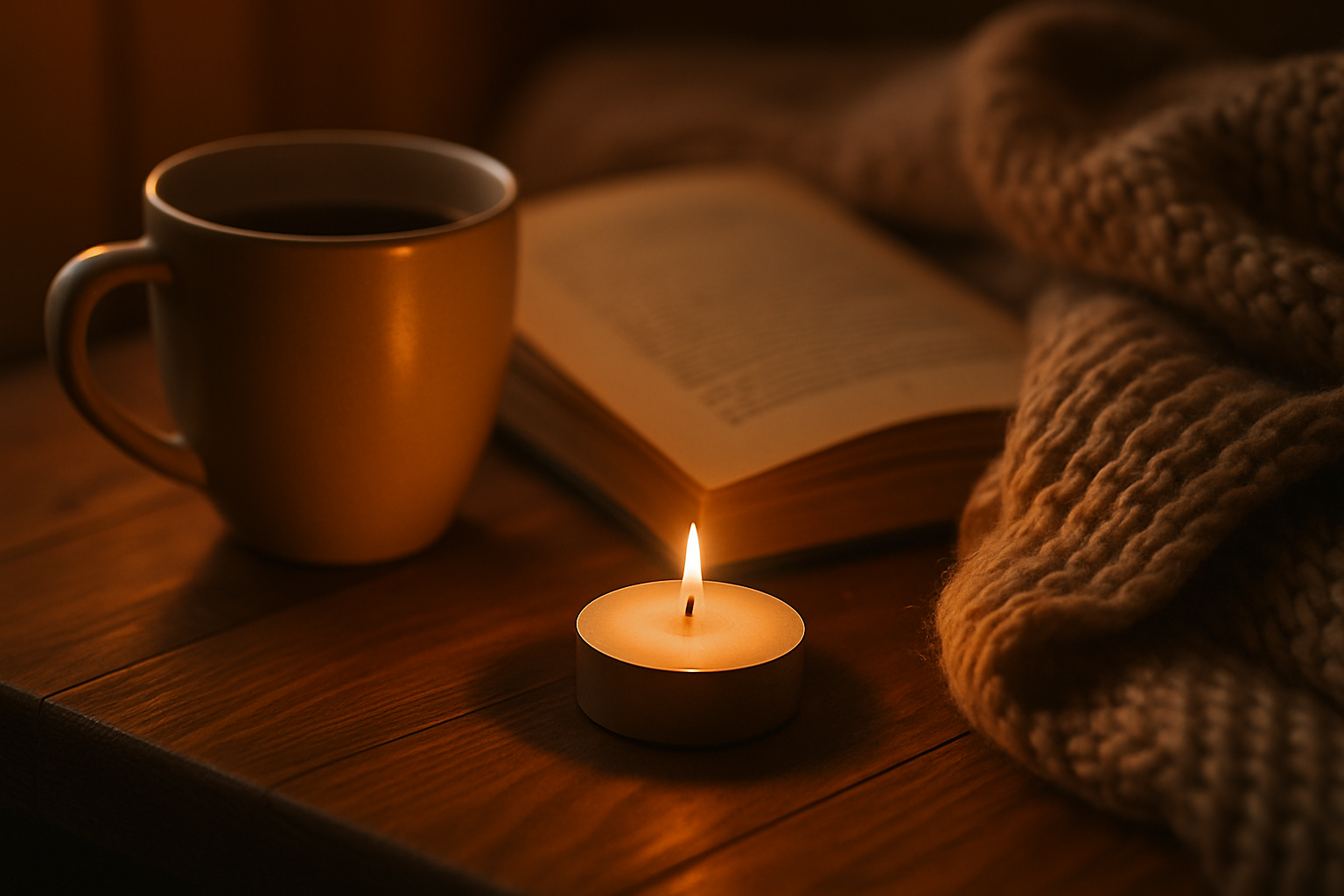Cozy candle and tea by a book